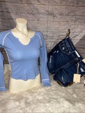 BDG Light Blue Eyelet Cropped Long Sleeve Knit Top